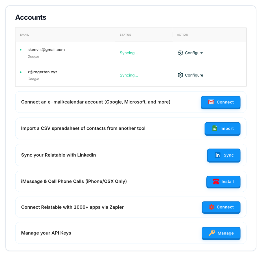Relatable Accounts page showing two connected Google accounts with active sync status, plus a button to connect another email or calendar account (Google, Microsoft, and more)
