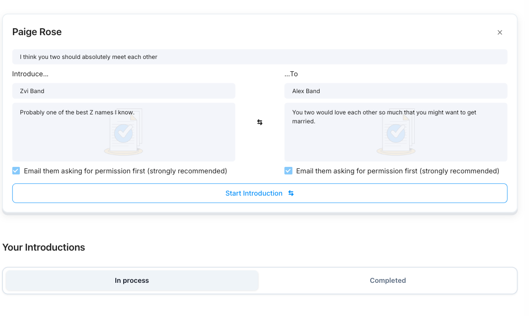 Relatable introduction flow connecting Zvi Band and Alex Band with personalized approval request messages and 'Email them asking for permission first' checkboxes
