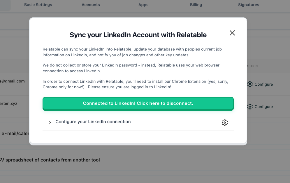 Relatable LinkedIn sync settings showing a successfully connected LinkedIn account and instructions for the Chrome extension