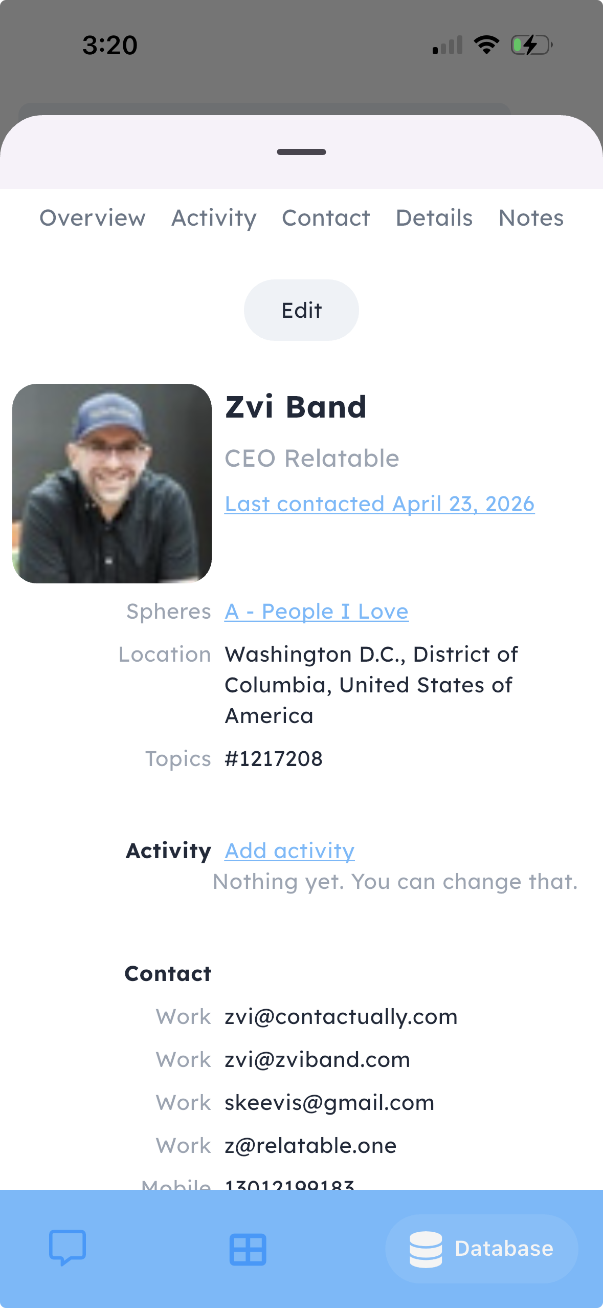 Relatable iOS contact profile for Zvi Band showing Spheres, Location, Topics, Activity, and multiple work emails on a scrollable view