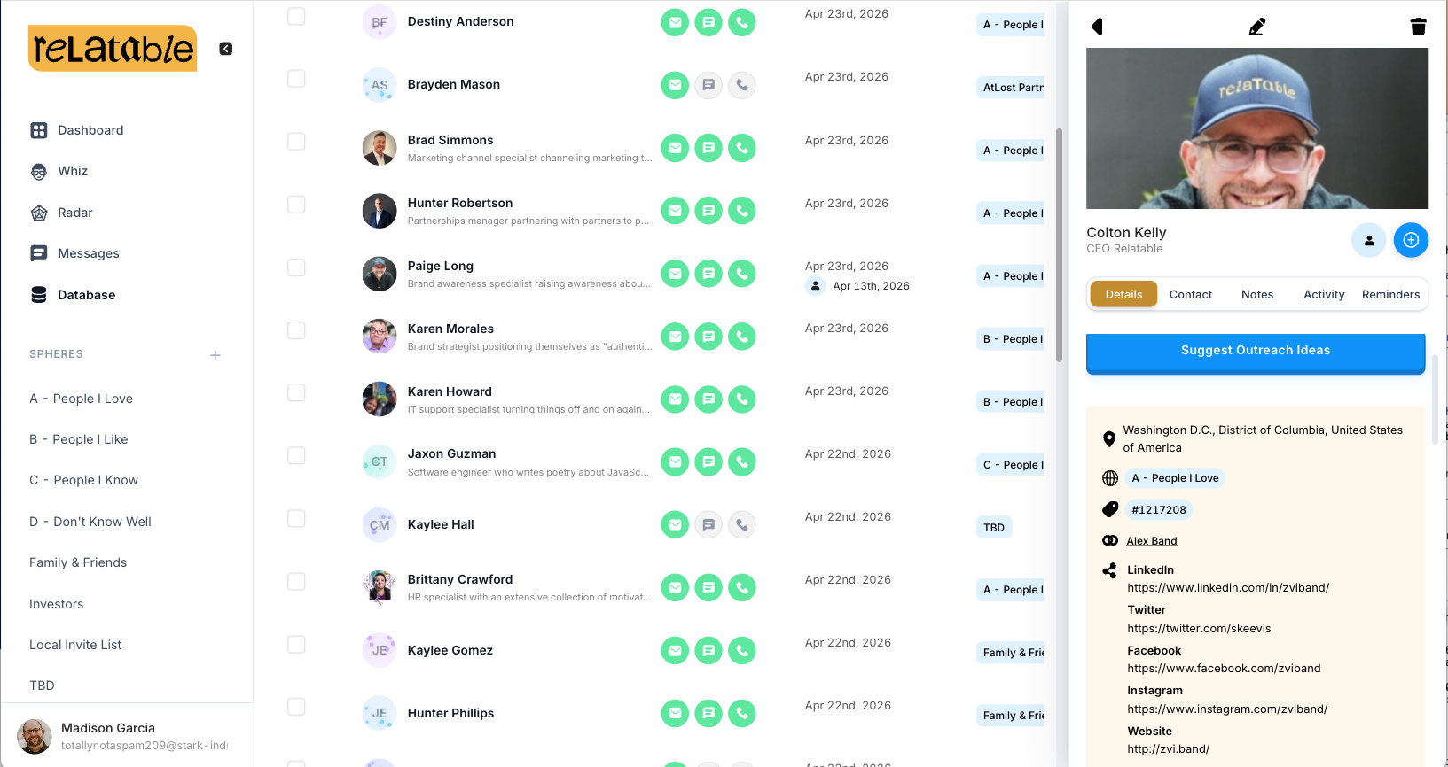 Relatable contact profile drawer showing location, Sphere, and linked social profiles alongside the database list