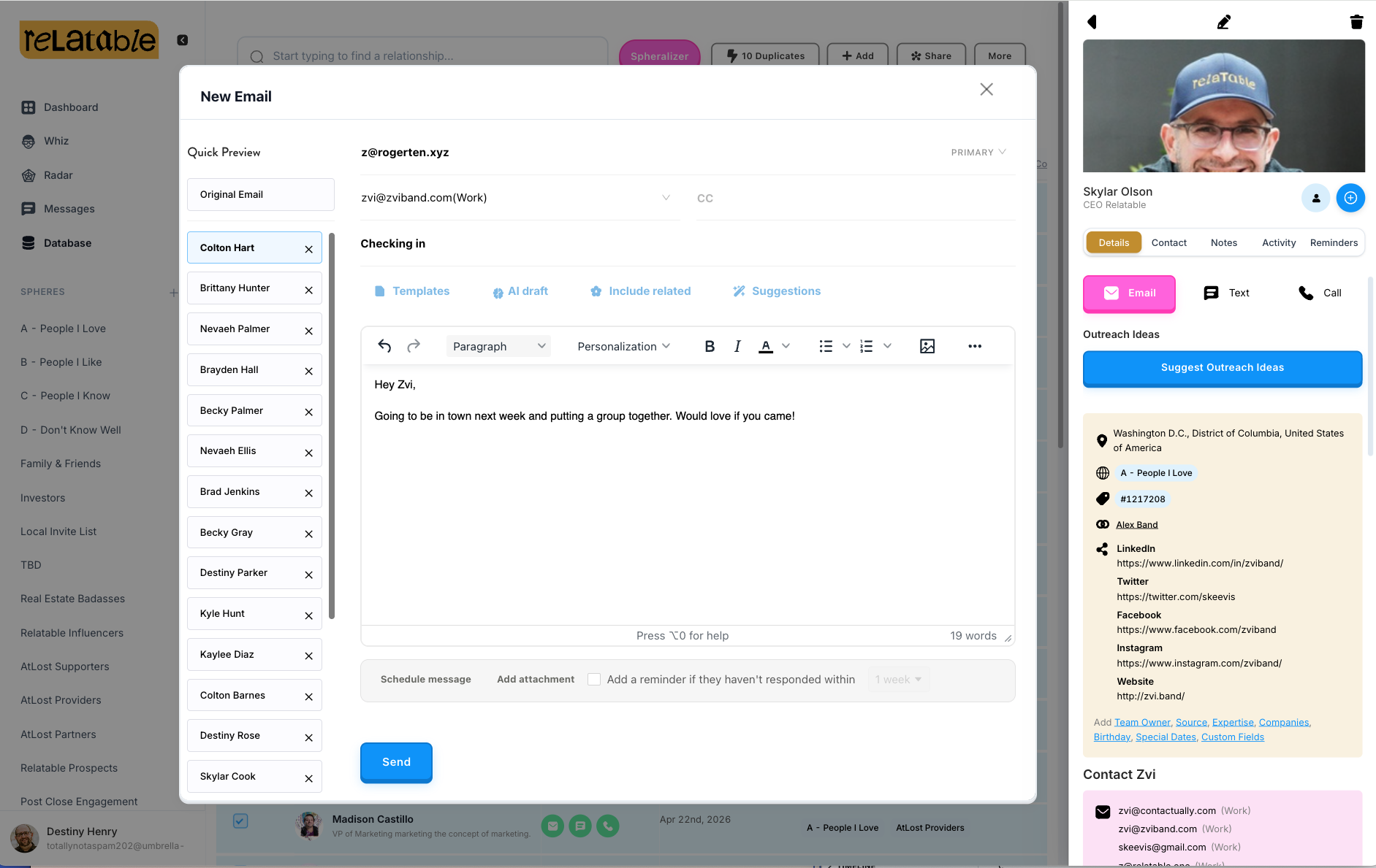 Relatable split message composer with a multi-recipient Quick Preview list and a 'Checking in' email with personalization and scheduling controls
