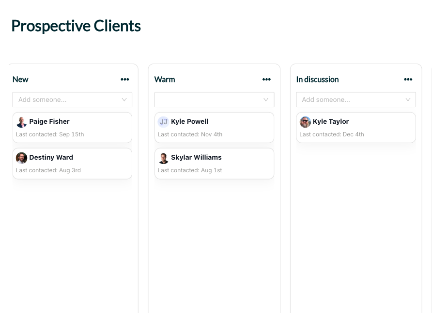 Prospective Clients Stage Sphere with New, Warm, and In discussion columns — contact cards with last-contacted dates spread across them