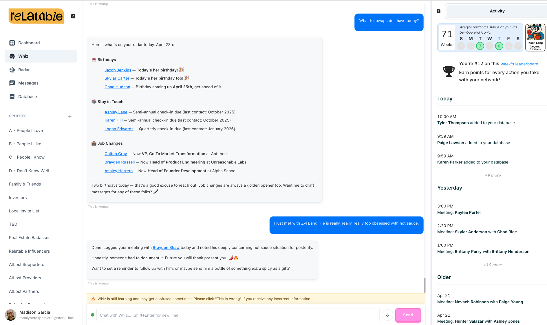 Whiz chat showing a daily briefing with birthdays, stay-in-touch prompts, and job changes alongside a meeting log
