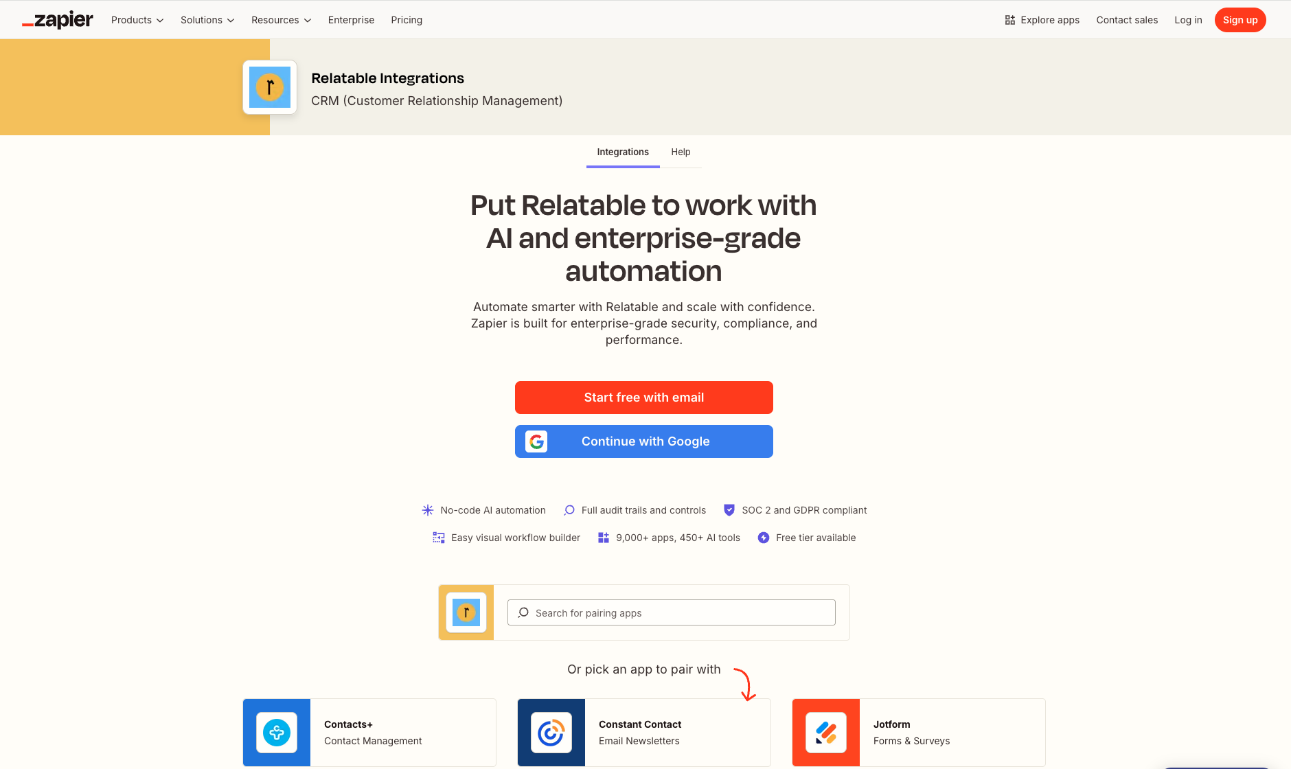 Zapier's Relatable Integrations page showing 9,000+ apps available to connect, with SOC 2 compliance and enterprise-grade automation callouts