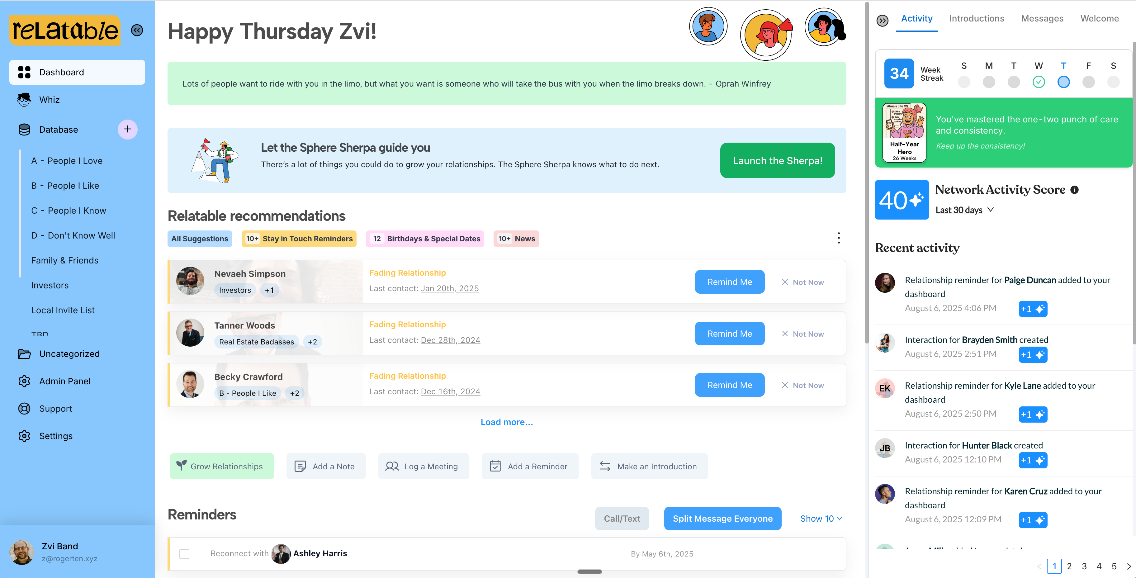 Relatable CRM dashboard interface showing relationship reminders, follow-up suggestions, and contact prioritization system