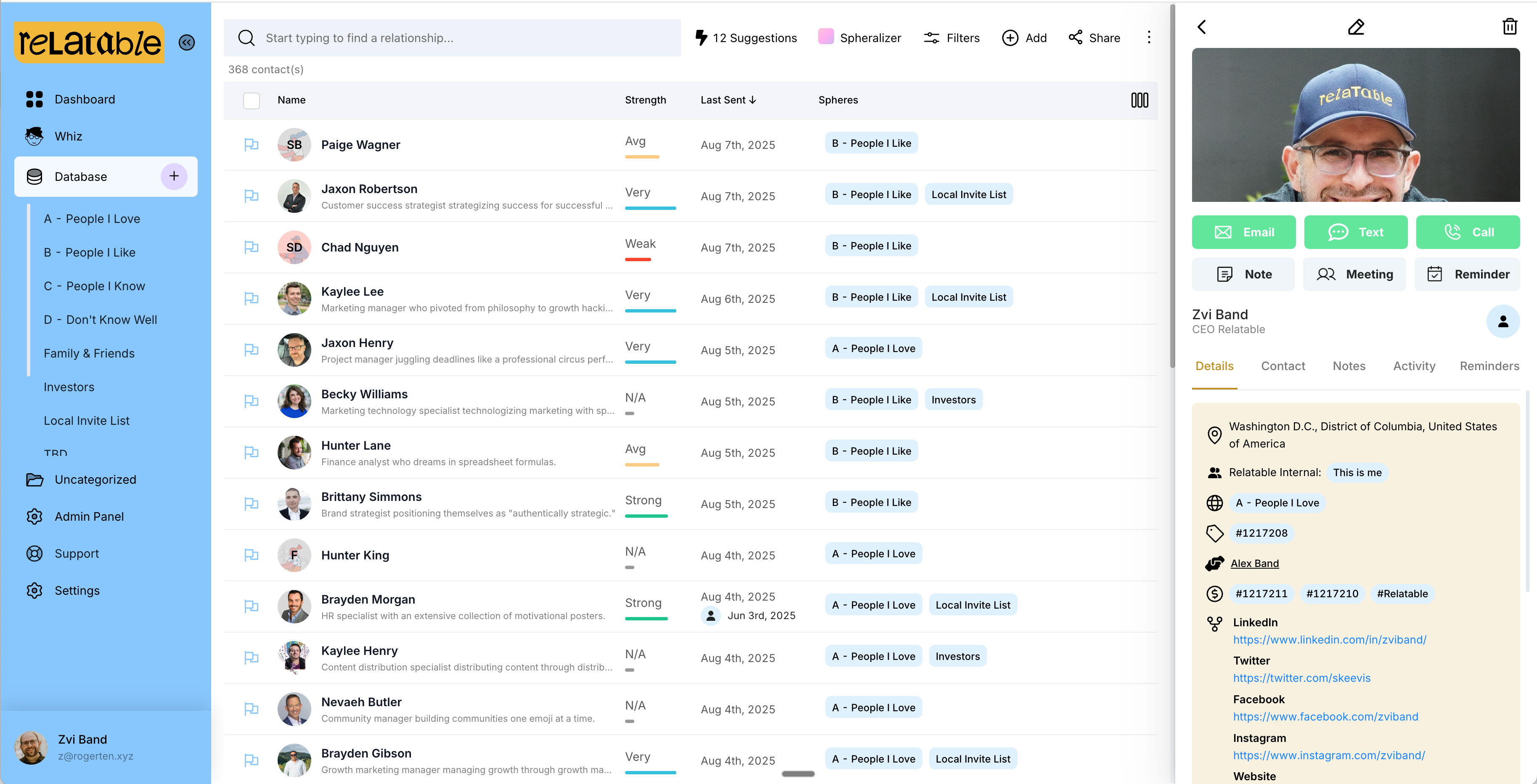 Relatable personal CRM dashboard showing unified contact database with integrated communications from email, meetings, WhatsApp, LinkedIn, and other sources